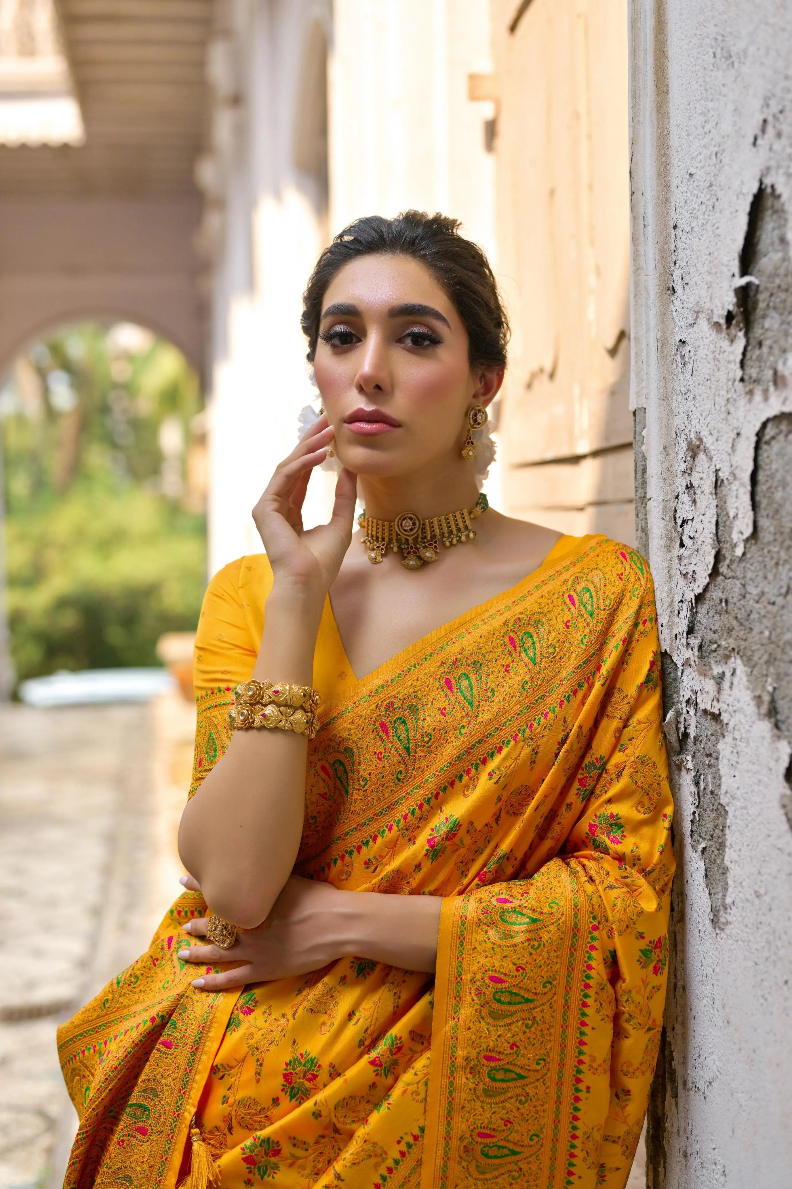 Brown Yellow Zari Work Soft Pashmina Silk Saree